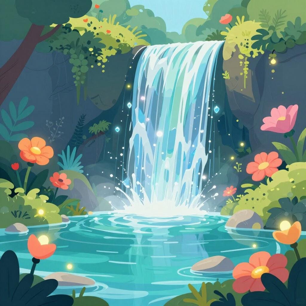 A magnificent, glowing waterfall hidden inside a lush, sparkling forest.