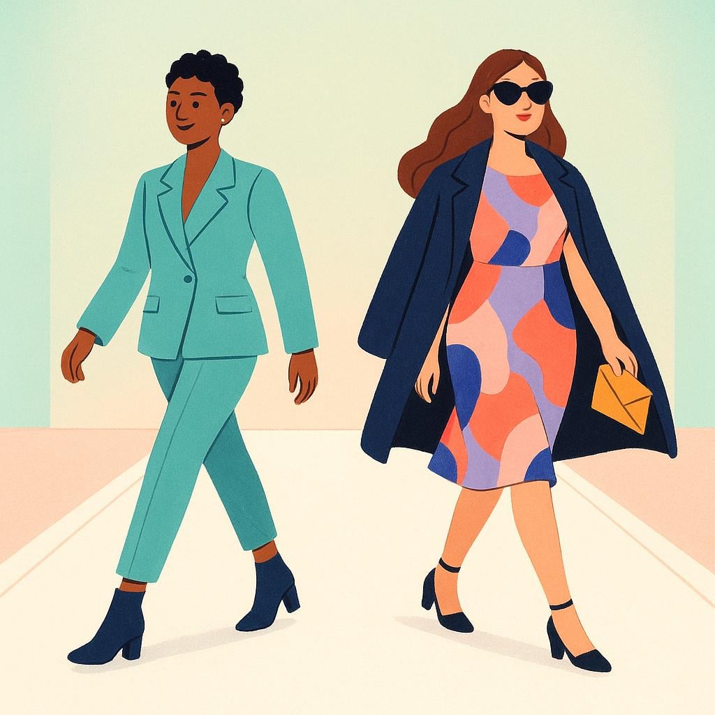 Two people wearing colorful fashion garments walking confidently on a bright, minimalist runway.