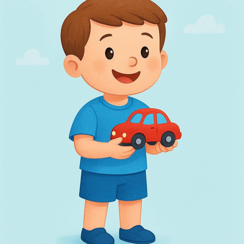 A smiling young boy wearing a blue shirt and shorts, holding a red toy car in his hand.