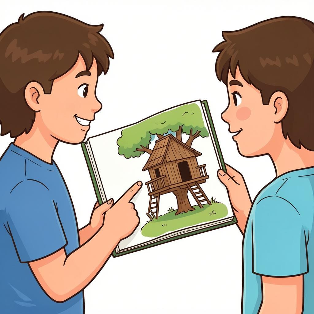 A person pointing to a drawing of a treehouse in a sketchbook, showing it to a friend to propose a plan.