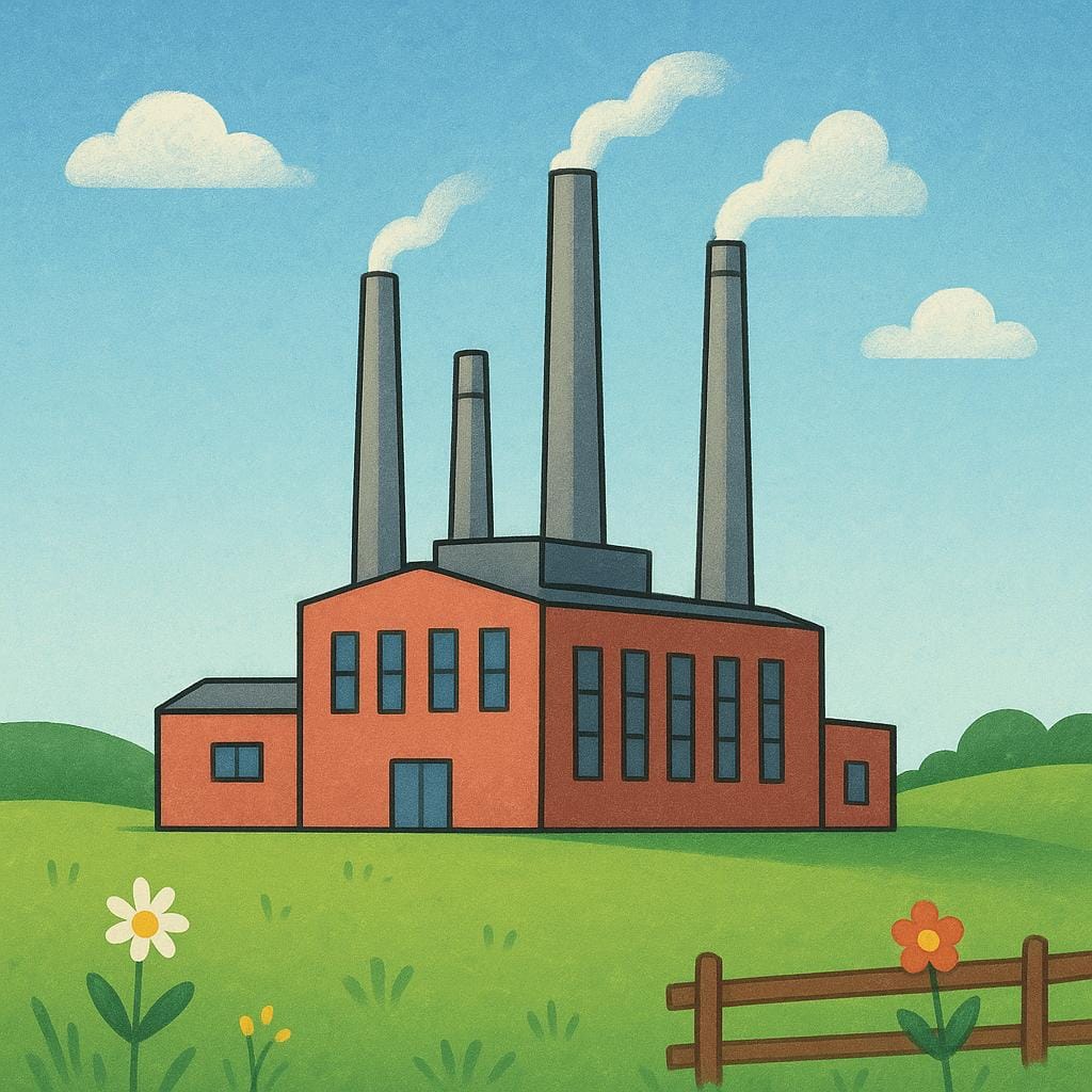 A large, simplistic industrial factory building with several tall smokestacks emitting white smoke.