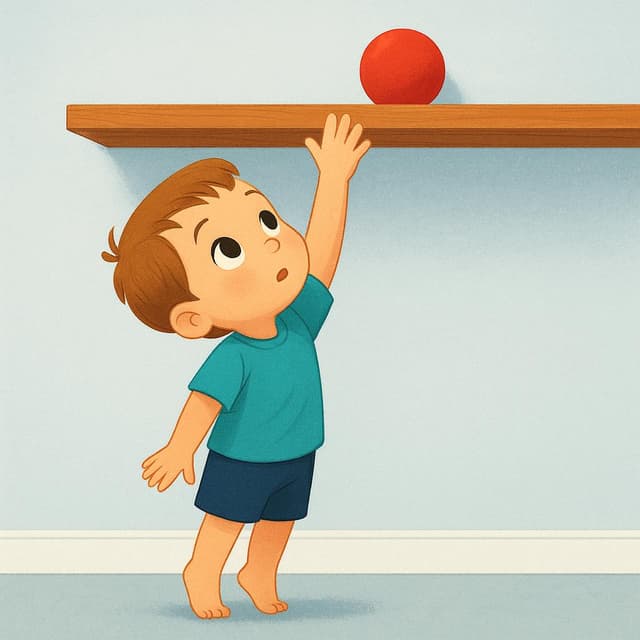 Ein Kind steht auf Zehenspitzen und streckt die Hand nach oben, um ein buntes Spielzeug zu erreichen, das in einem hohen Regal steht.