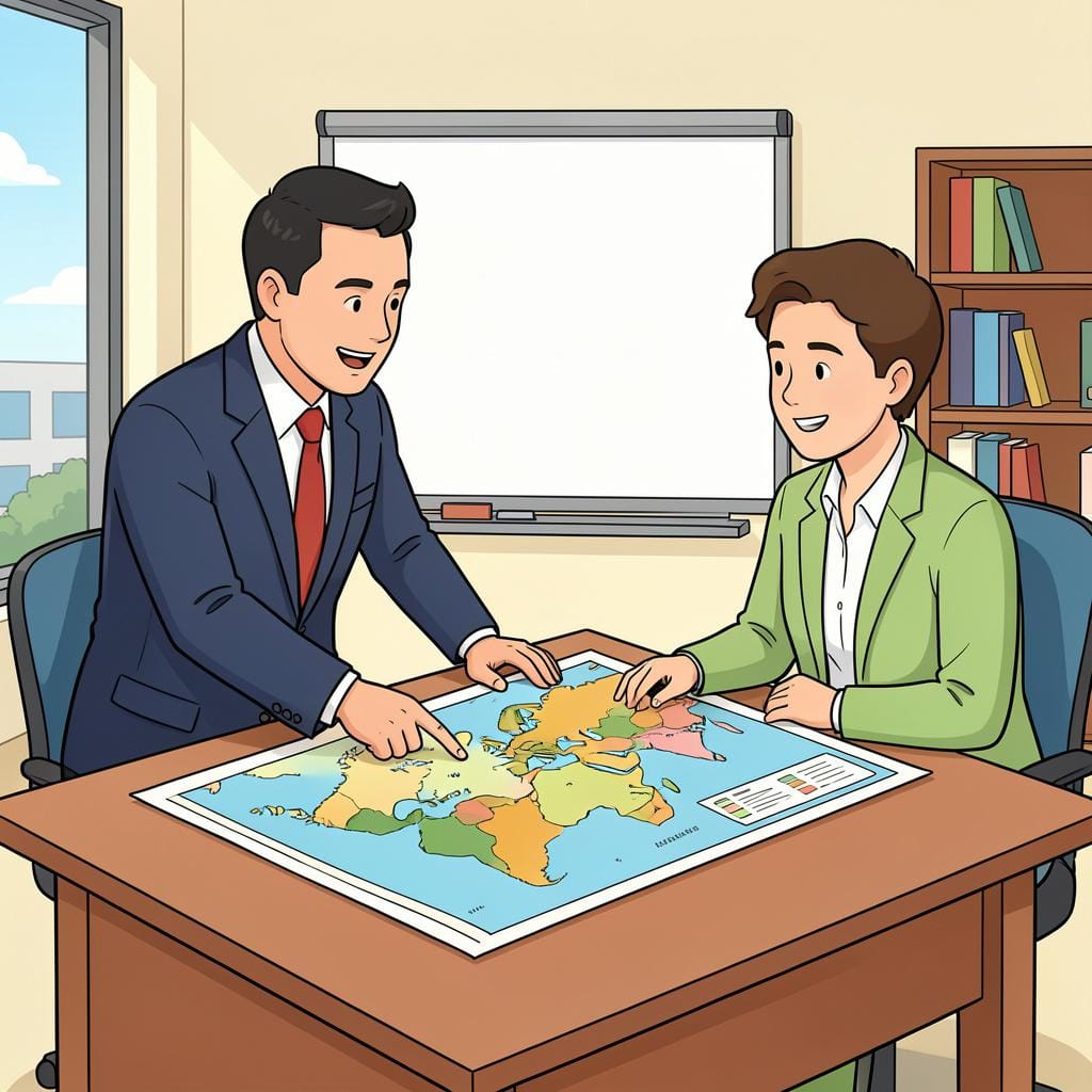 A professional person in a suit leaning over a table to point at a colorful map for another person.