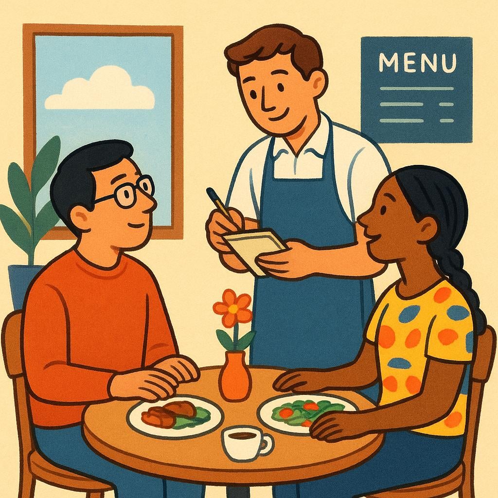 A storybook illustration of a restaurant scene where a server is attentively writing down an order from two seated customers.