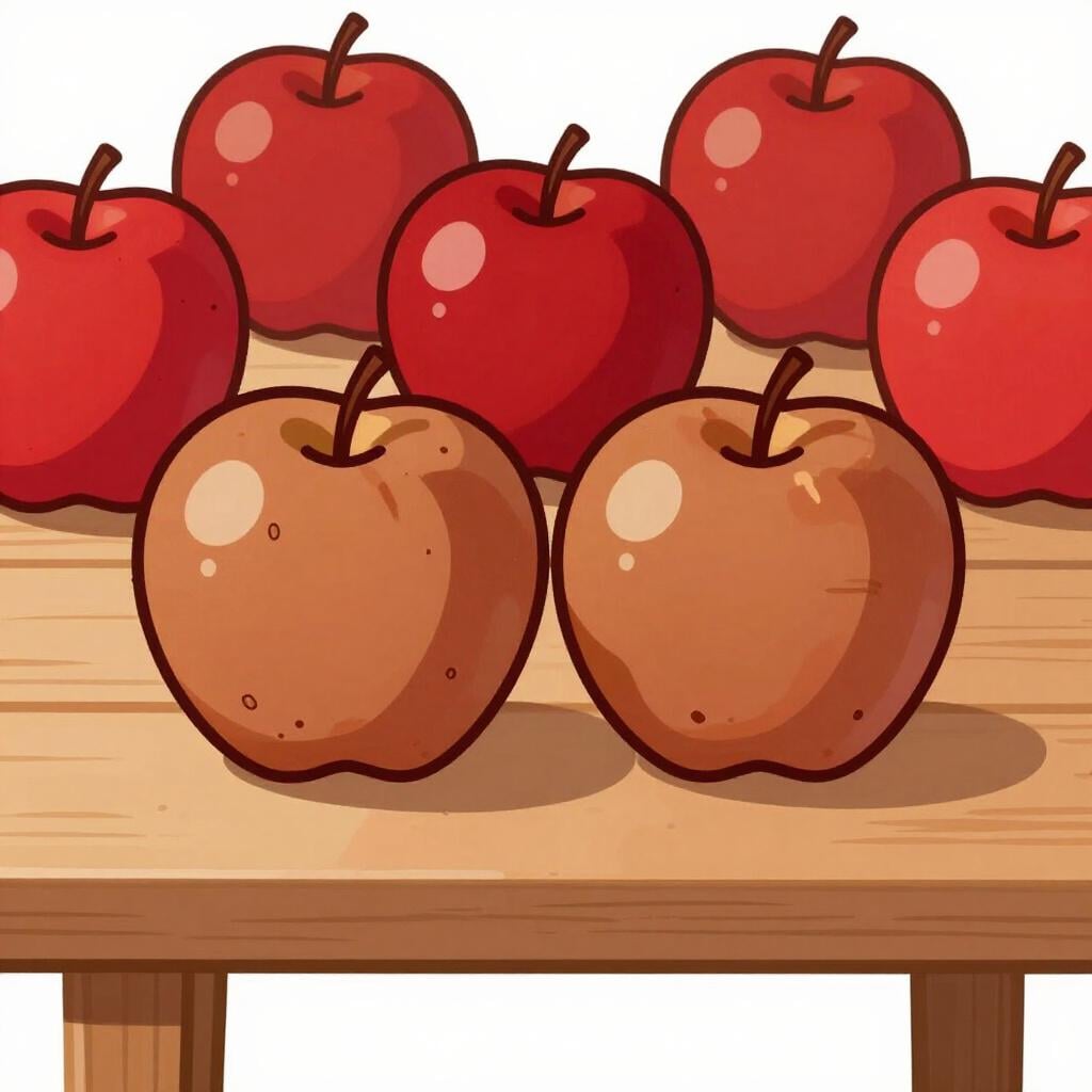 A row of colorful apples with two bruised, brown, and lumpy apples set apart from the group.