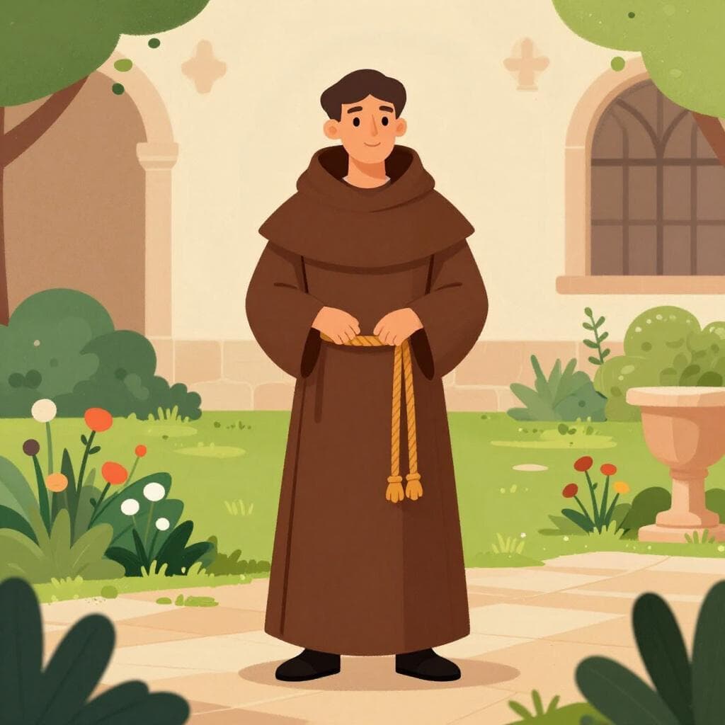 Een vriendelijke monnik in een bruine habijt met capuchon, staand in een vredige tuin.