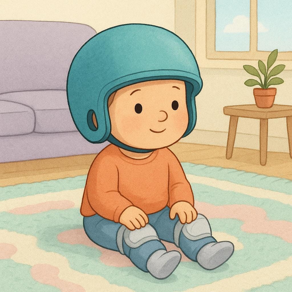 A small child sitting safely on a soft, colorful rug, wearing a brightly colored, oversized safety helmet and knee pads, demonstrating extreme precaution.