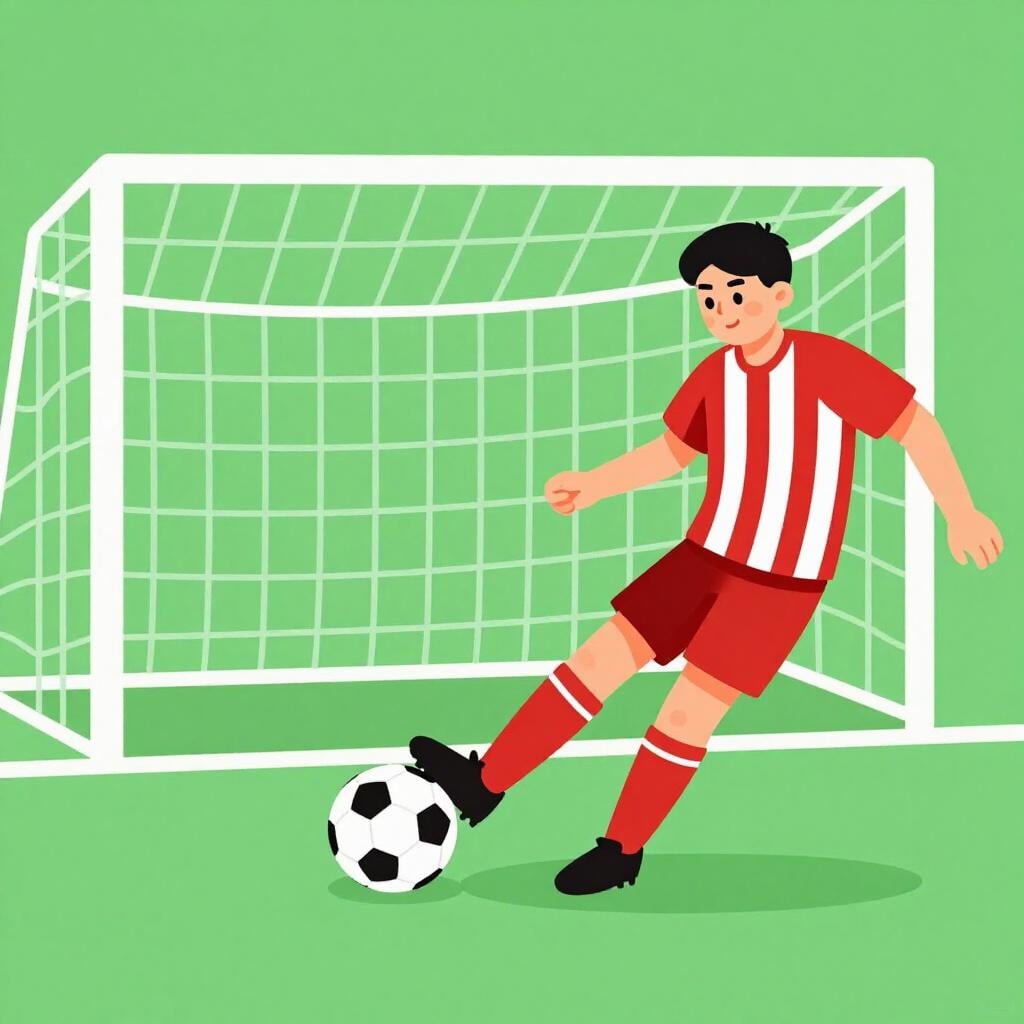 A soccer player in a bright jersey kicking a ball towards a goal.