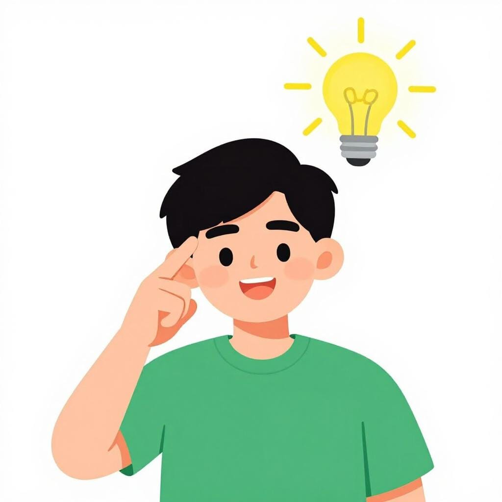 머리를 가리키는 사람 위로 밝게 빛나는 전구가 있는 모습.