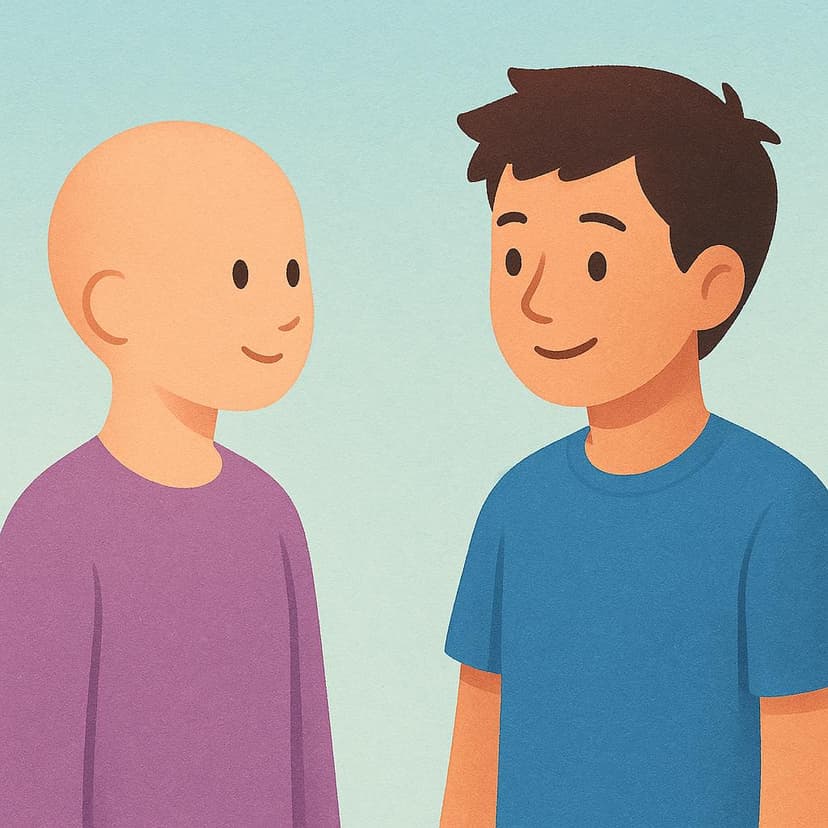 A simple colorful illustration showing a figure with wide eyes looking directly at a male figure who is standing nearby.