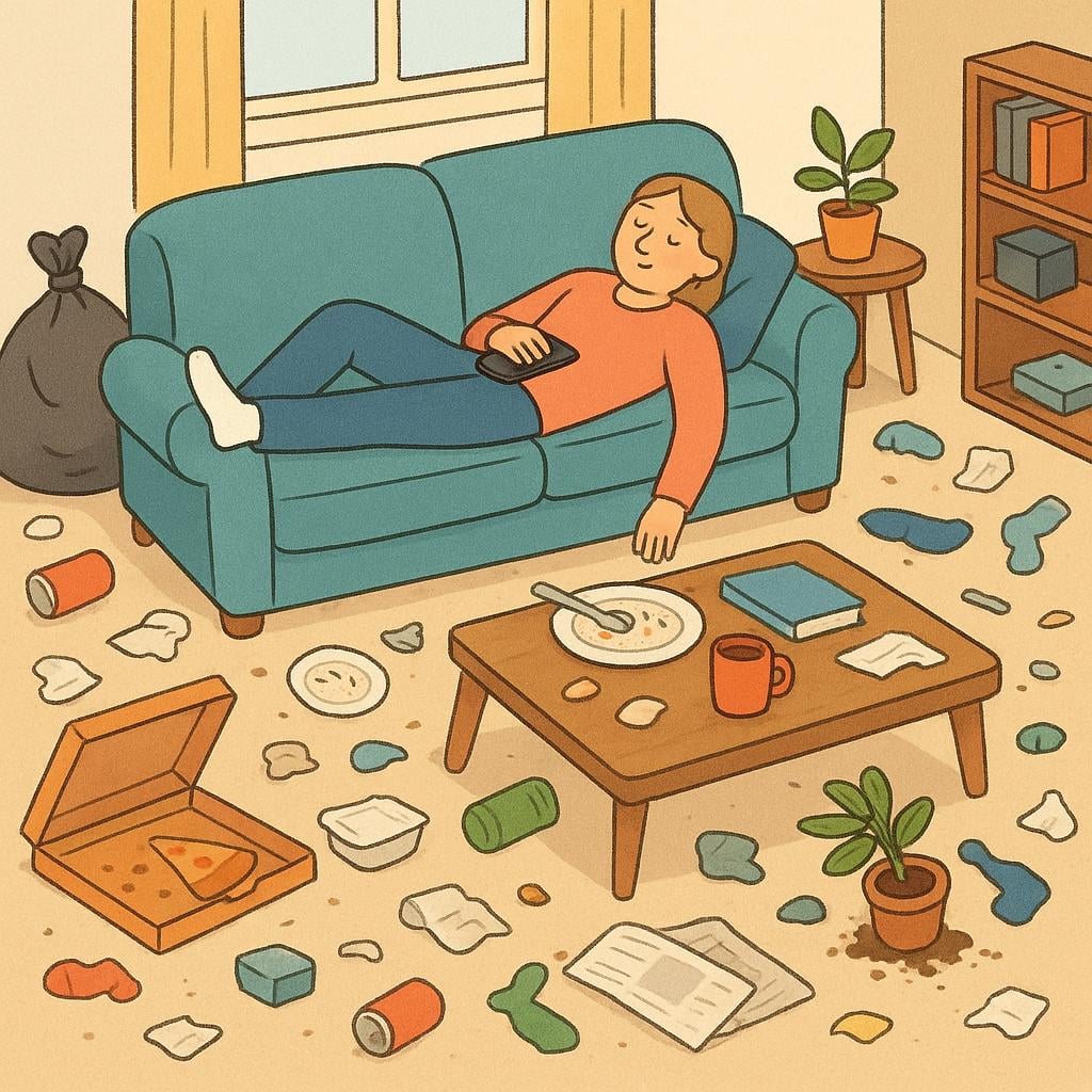A cartoon person sitting on a couch in a room overflowing with scattered trash, dirty clothes, and food wrappers.