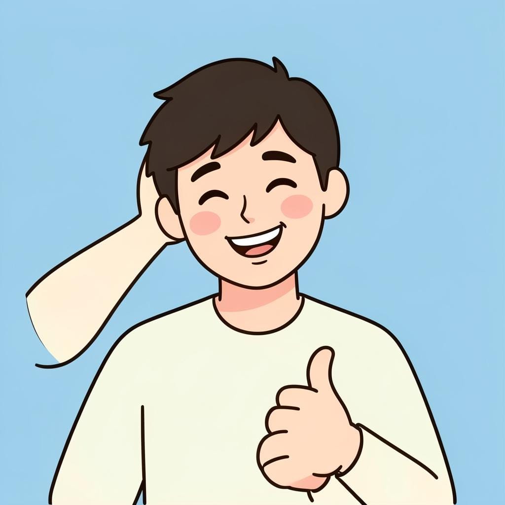 A person nodding their head with a friendly smile and a thumb up.