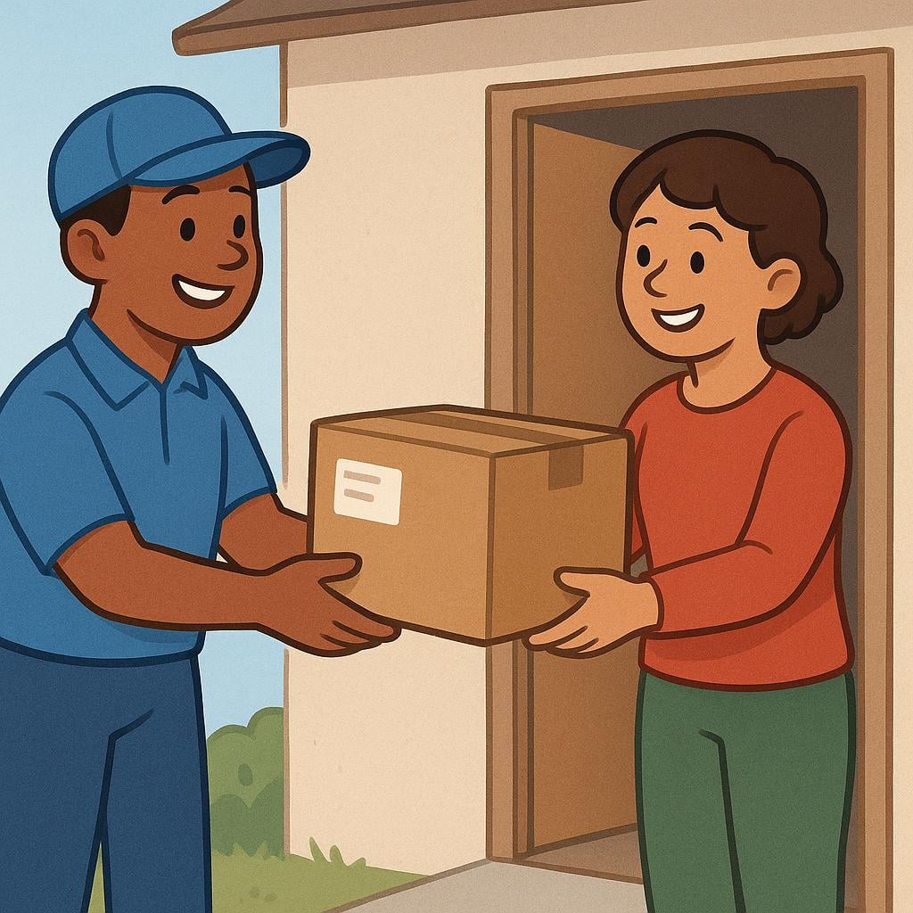 A uniformed delivery person smiling while handing a brown cardboard box to a person standing at the entrance of a house.