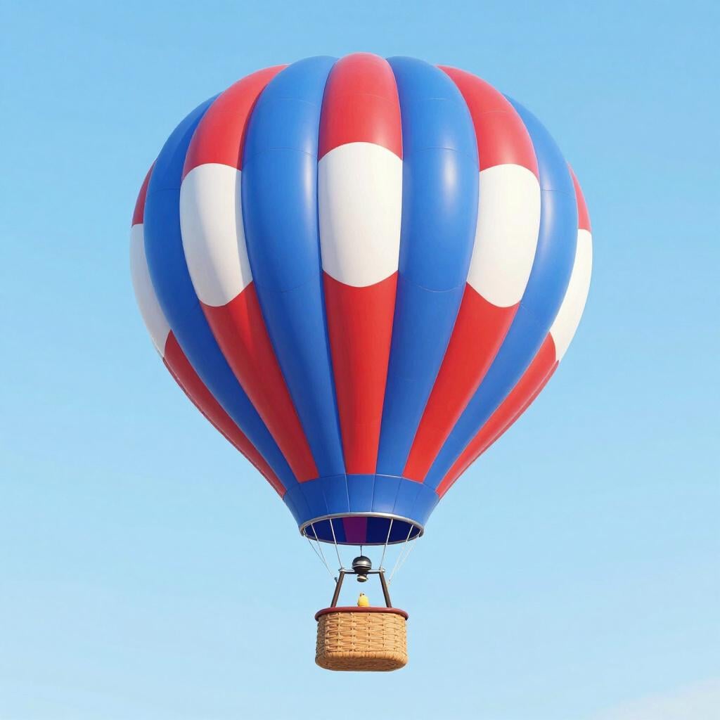 Una mongolfiera classica a strisce rosse, bianche e blu che fluttua in un cielo azzurro limpido.