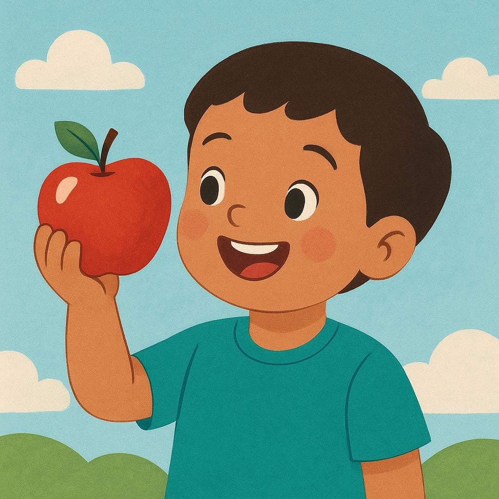 A smiling child holds a bright red apple, showing clear enjoyment and preference for the fruit.