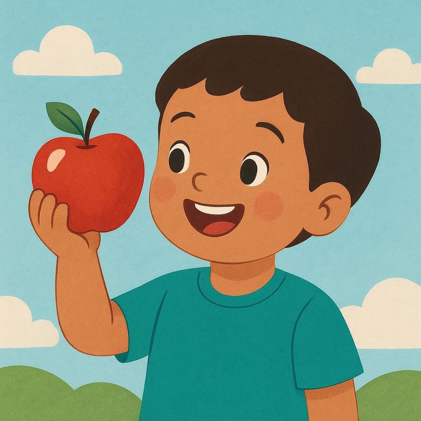 A smiling child holds a bright red apple, showing clear enjoyment and preference for the fruit.