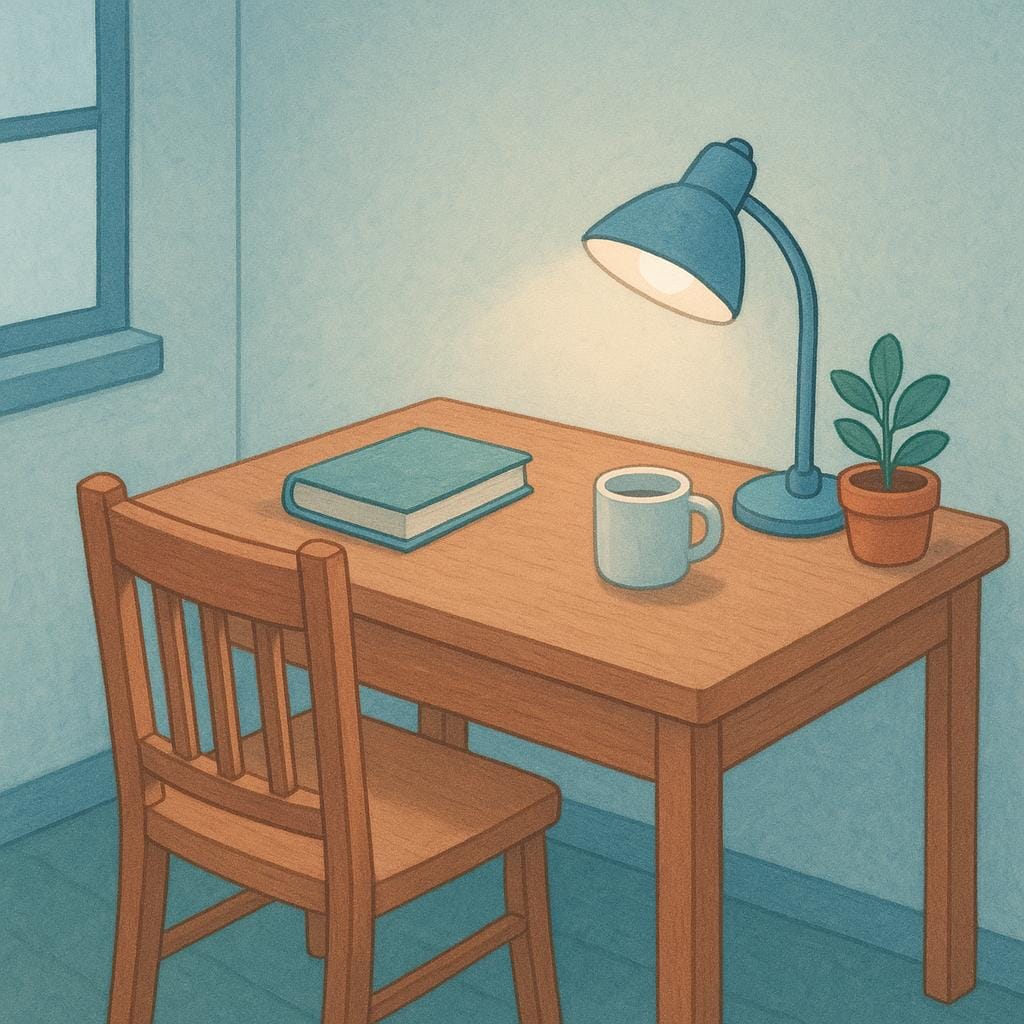 A cozy, simple wooden desk and chair setup inside a small, brightly lit private room, suitable for working.