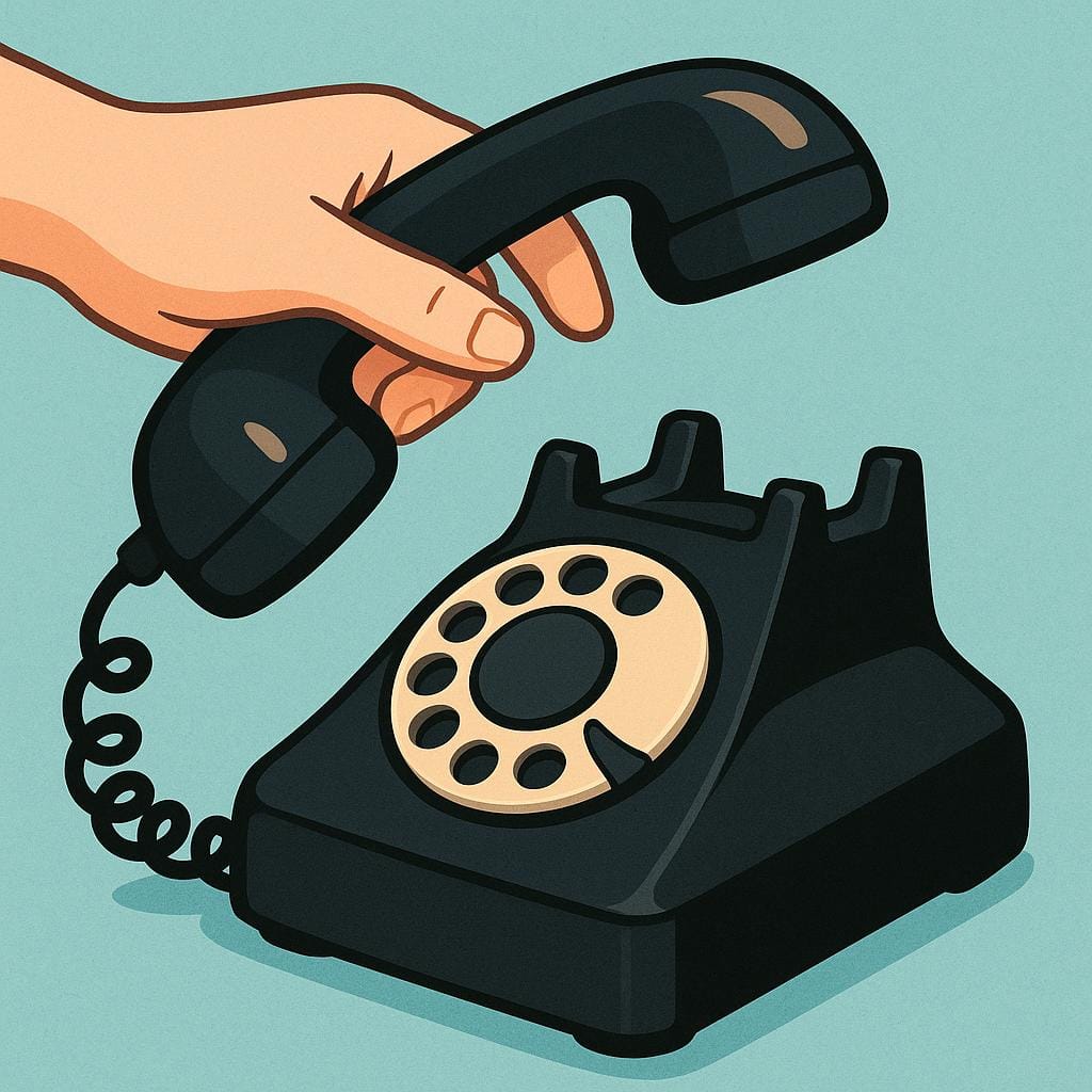 A cartoon hand gently placing a black vintage telephone receiver back onto the base station.