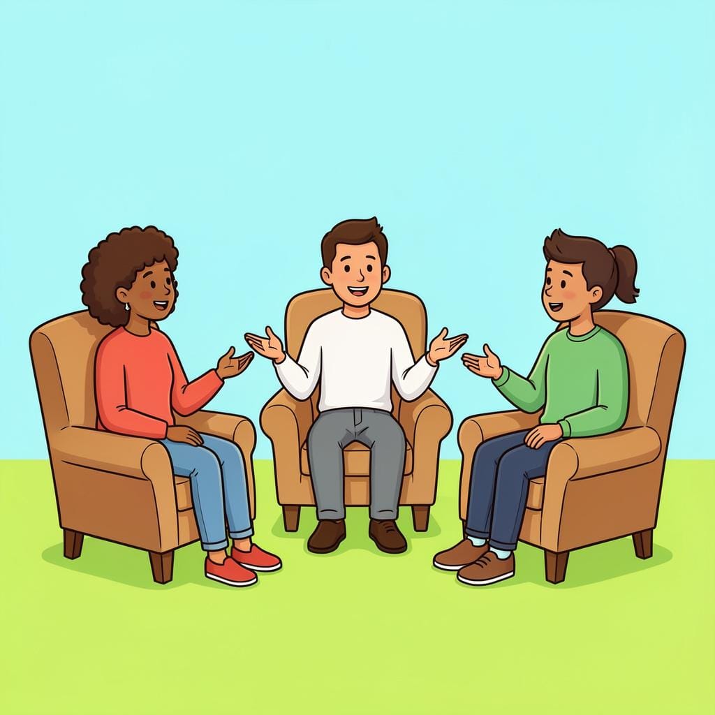 A small group of diverse people sitting in a circle of chairs, engaged in a friendly conversation.