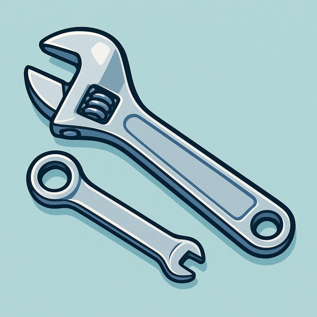 A close-up view of two different types of metal wrenches, specifically a crescent wrench and a box-end wrench, lying side by side.