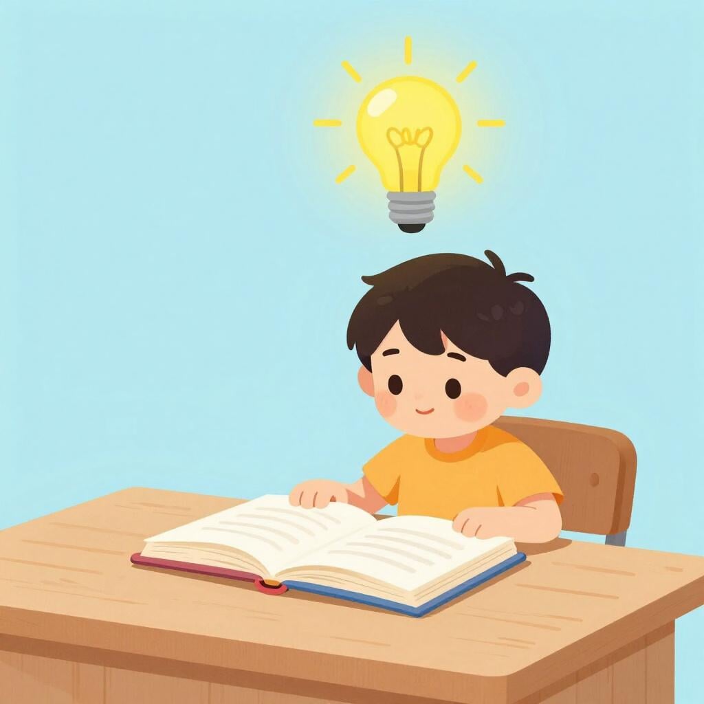 A child sitting at a desk, looking intently at a colorful book with a glowing lightbulb appearing above their head to represent learning.