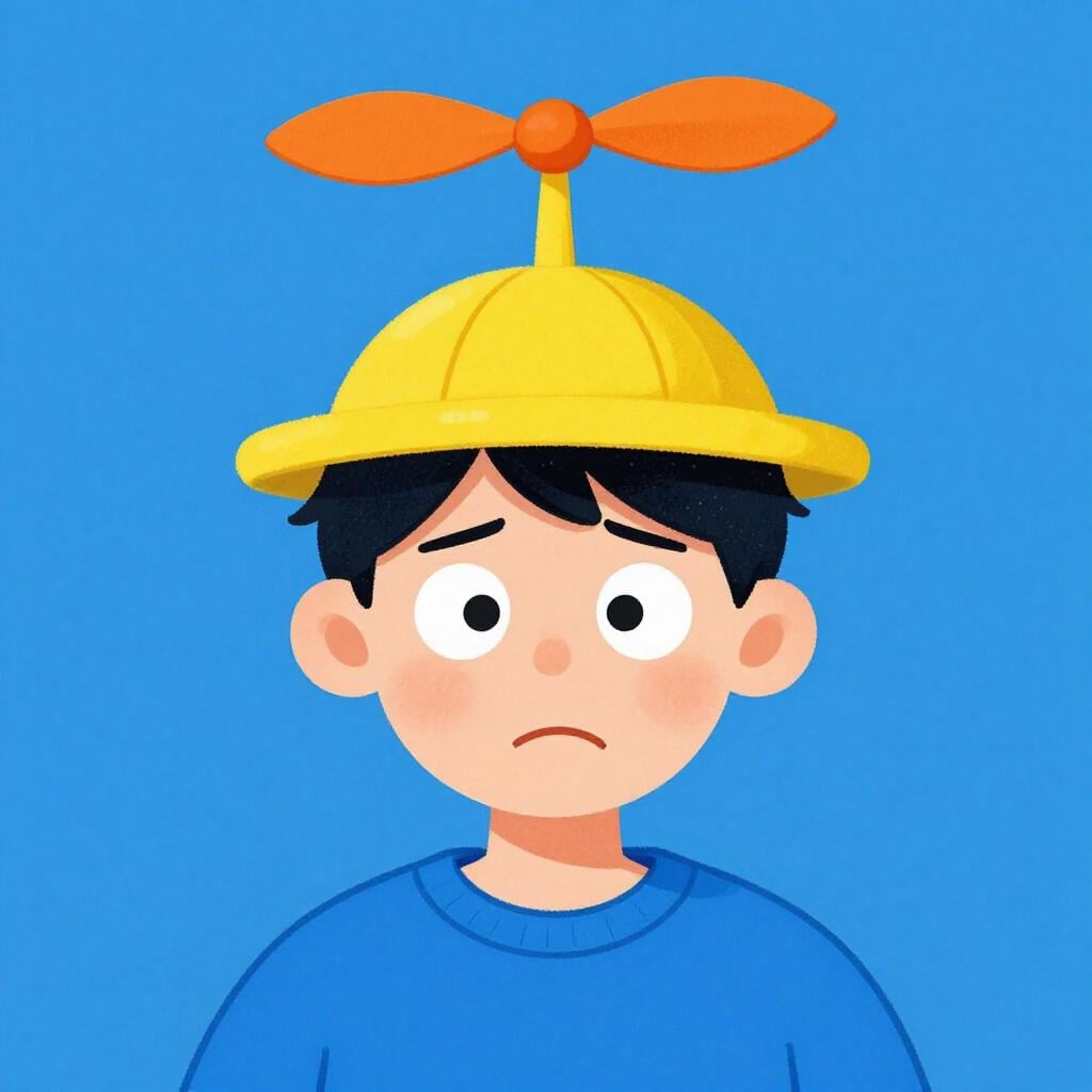A friendly person with a wide, confused smile wearing a colorful hat with a spinning propeller.
