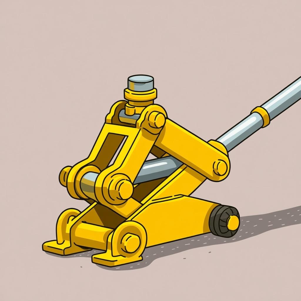 Een eenvoudige, felgele hydraulische krik op de grond, klaar om een voertuig op te tillen.
