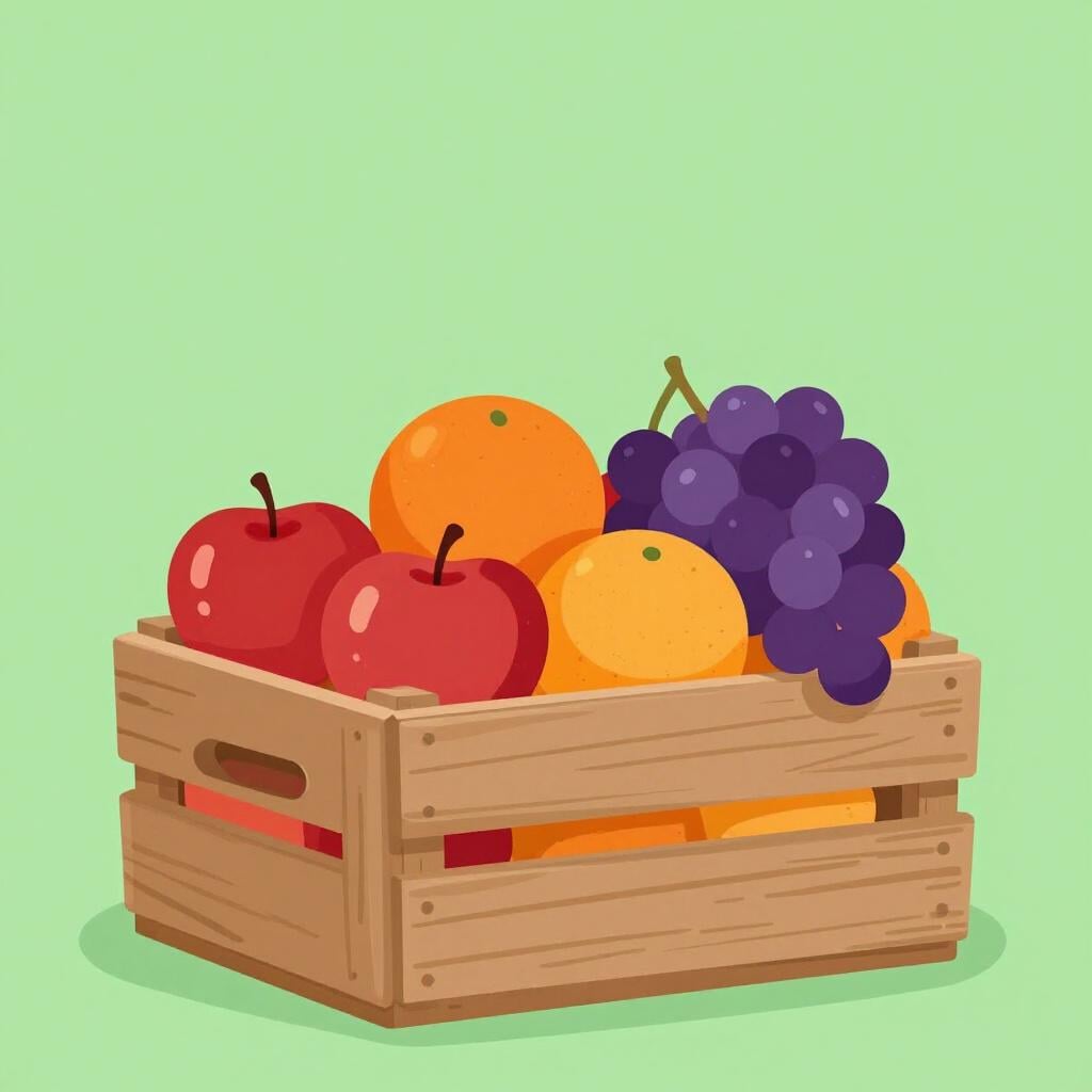 A wooden crate filled with a variety of colorful fresh fruits like apples, oranges, and grapes.