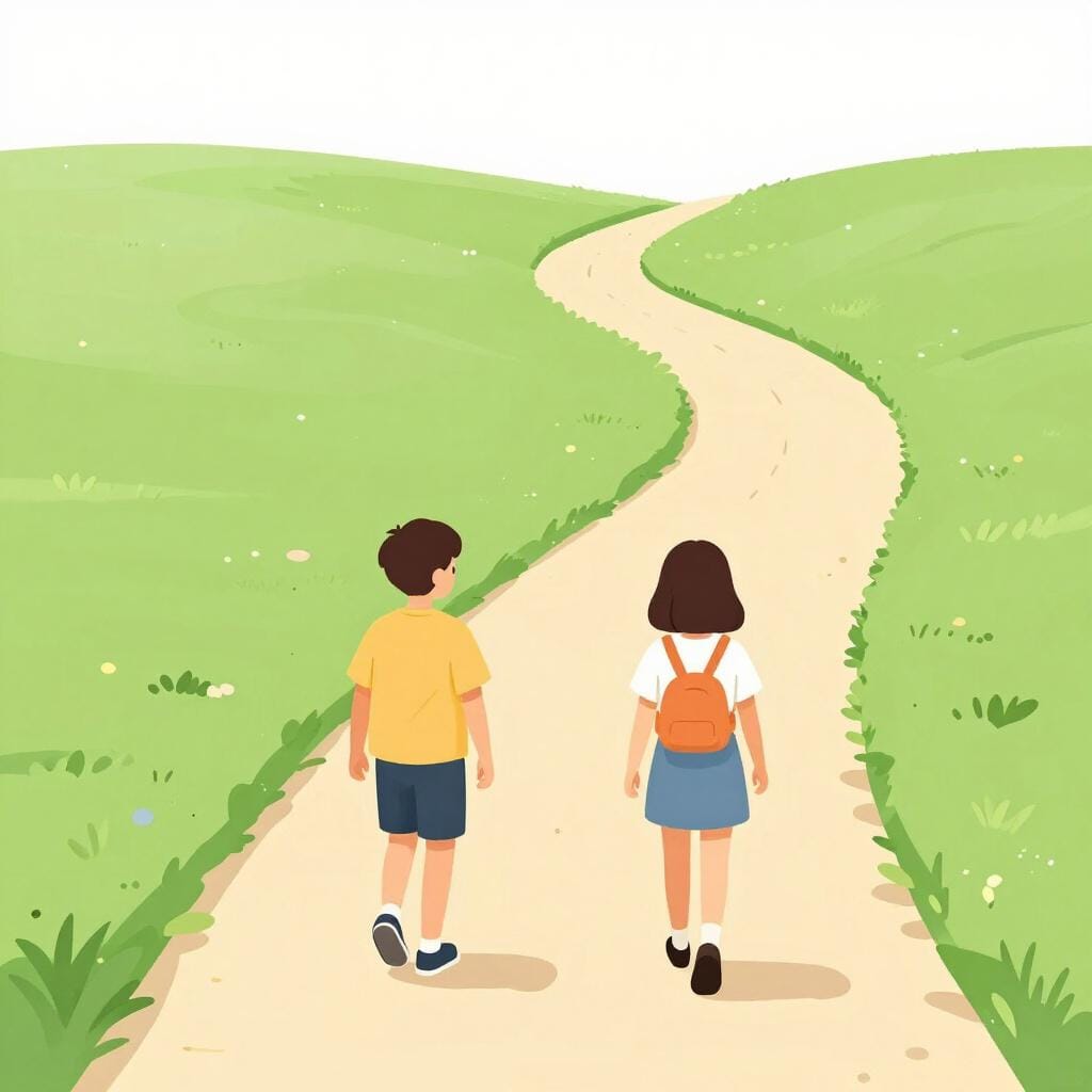 道で互いに離れて歩く二人の友人、悲しそうな表情で振り返っている。