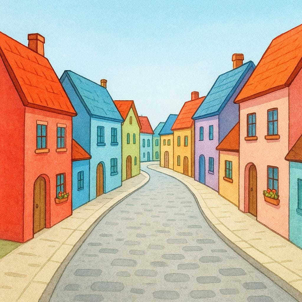 Un'illustrazione colorata che mostra una lunga strada asfaltata e vuota fiancheggiata da case semplici e stilizzate sotto un cielo azzurro brillante.