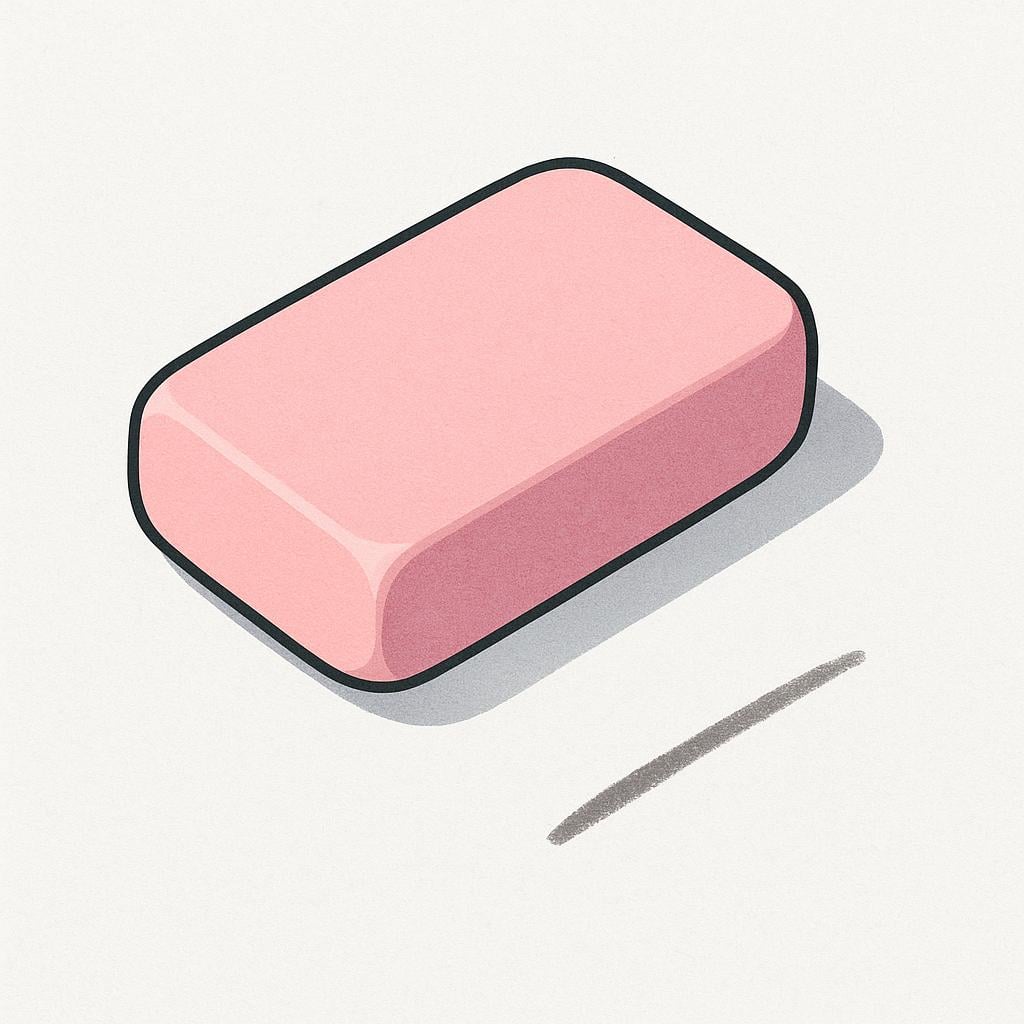 A pink rectangular eraser positioned on a white surface with a faint pencil line visible nearby, suggesting its function.