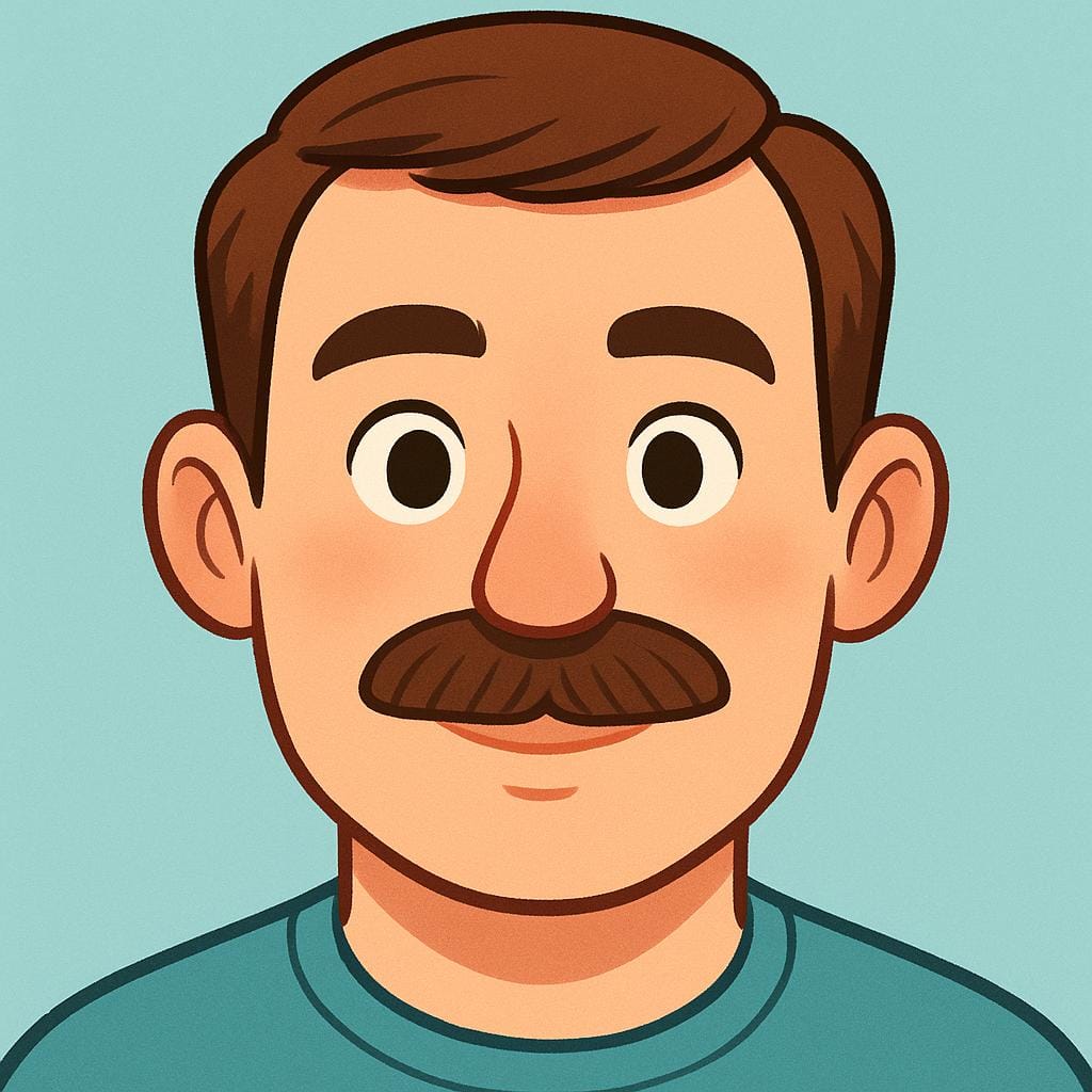 A cartoon illustration of a man's face highlighting a prominent, neatly trimmed brown mustache.