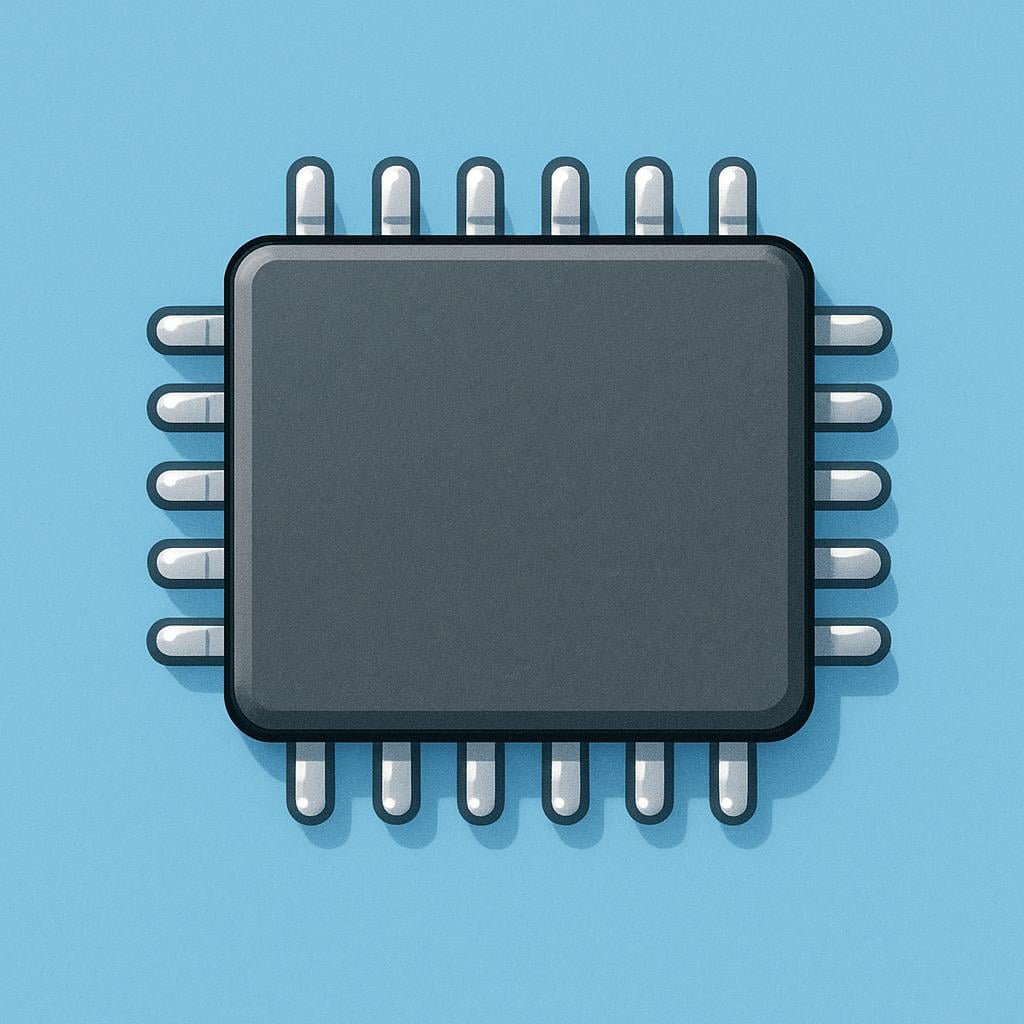 A small, grey, rectangular integrated circuit (microchip) with many metallic connector pins extending from its sides.