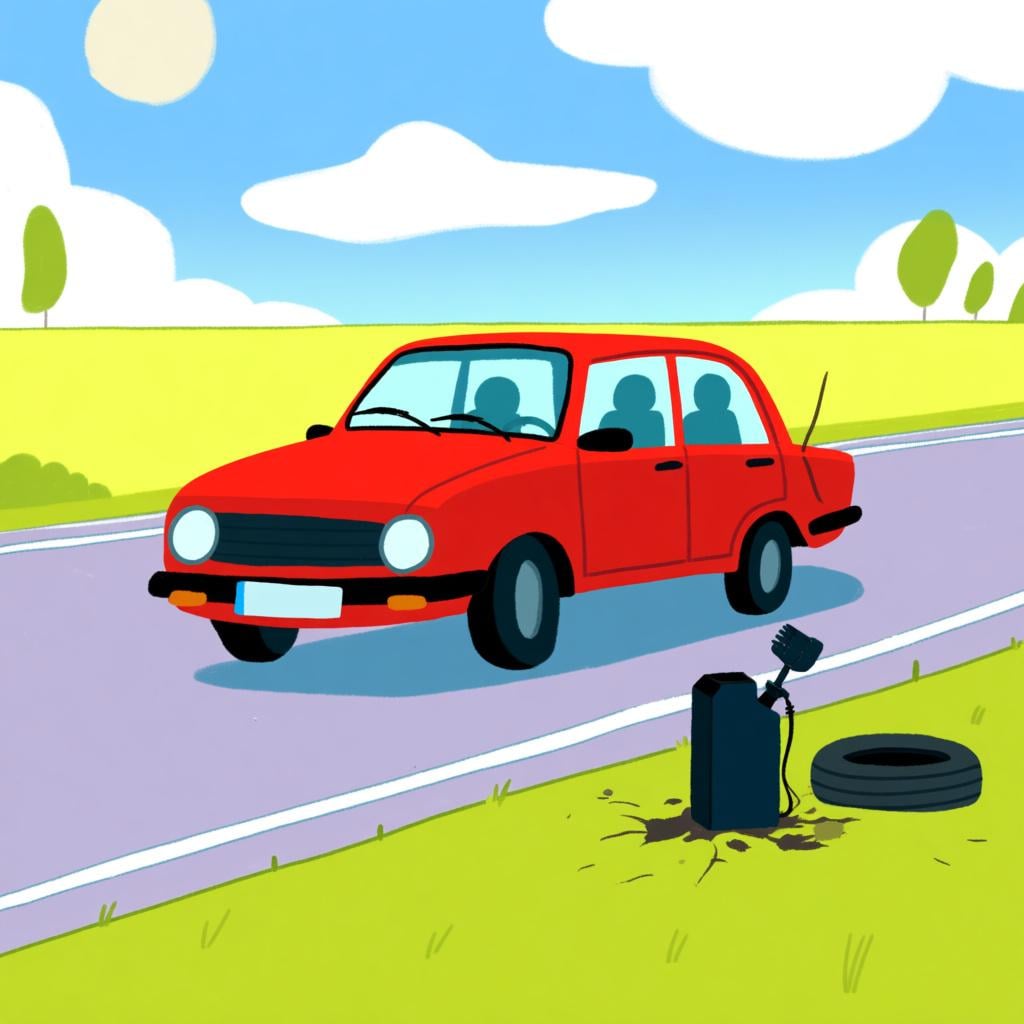 A small red car is stalled on a road, indicating a problem. A visual cue, like an empty gas gauge icon, suggests it needs fuel.