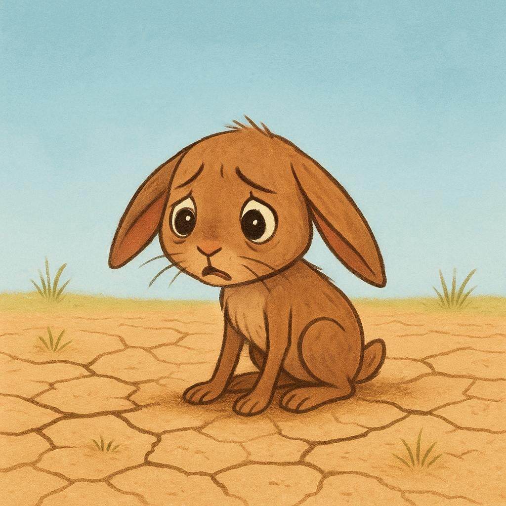 A very thin, small brown rabbit sitting weakly on dry, cracked earth in a barren landscape, looking distressed and desperately needing food, illustrating starvation.