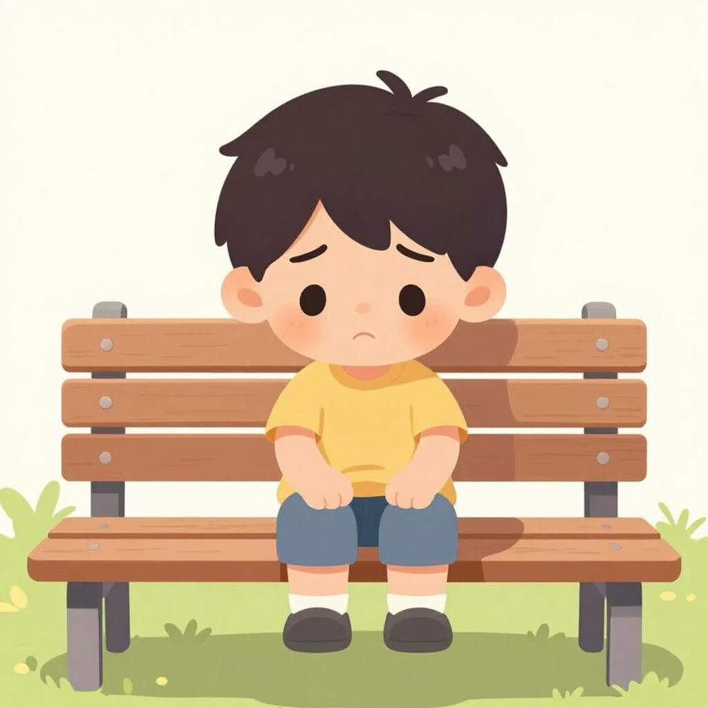 Een klein kind dat op een houten bankje zit en sip kijkt, met een enkele traan op de wang.