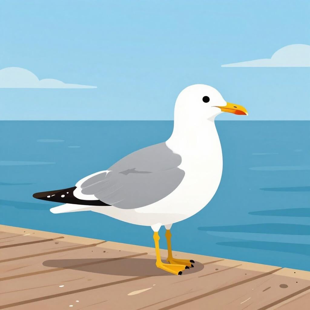 Een witte en grijze meeuw die op een houten pier bij de oceaan staat.