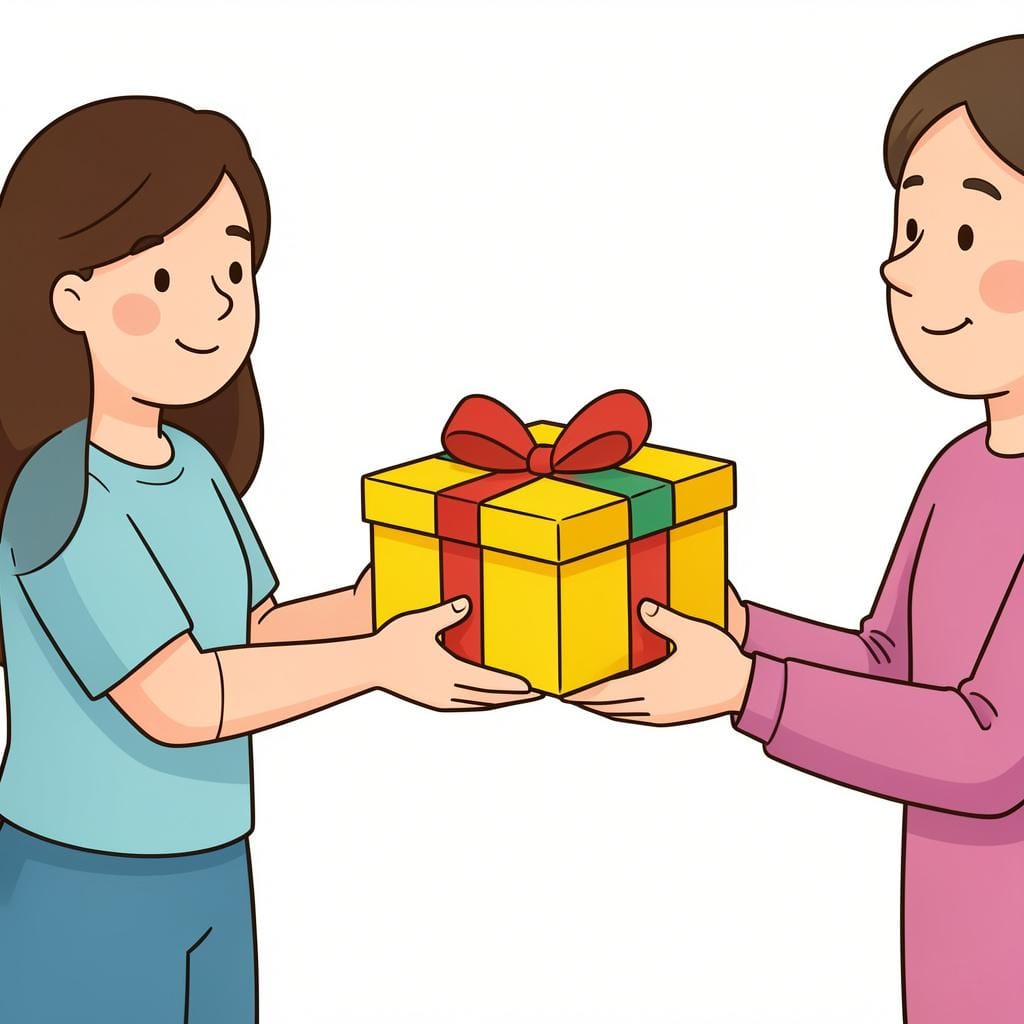 丁寧に包まれたプレゼントを、受け取るために手を差し伸べているもう一人の人に差し出しているスーツ姿の丁寧な人物。
