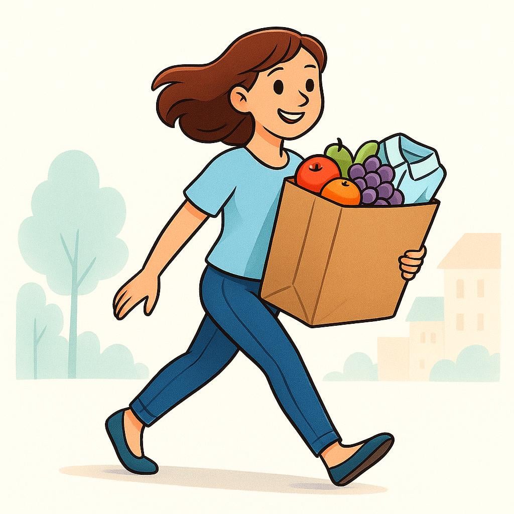A joyful cartoon character, a young woman, walking and holding a large brown paper shopping bag full of various colorful items like fruit and a new shirt, emphasizing acquisition.