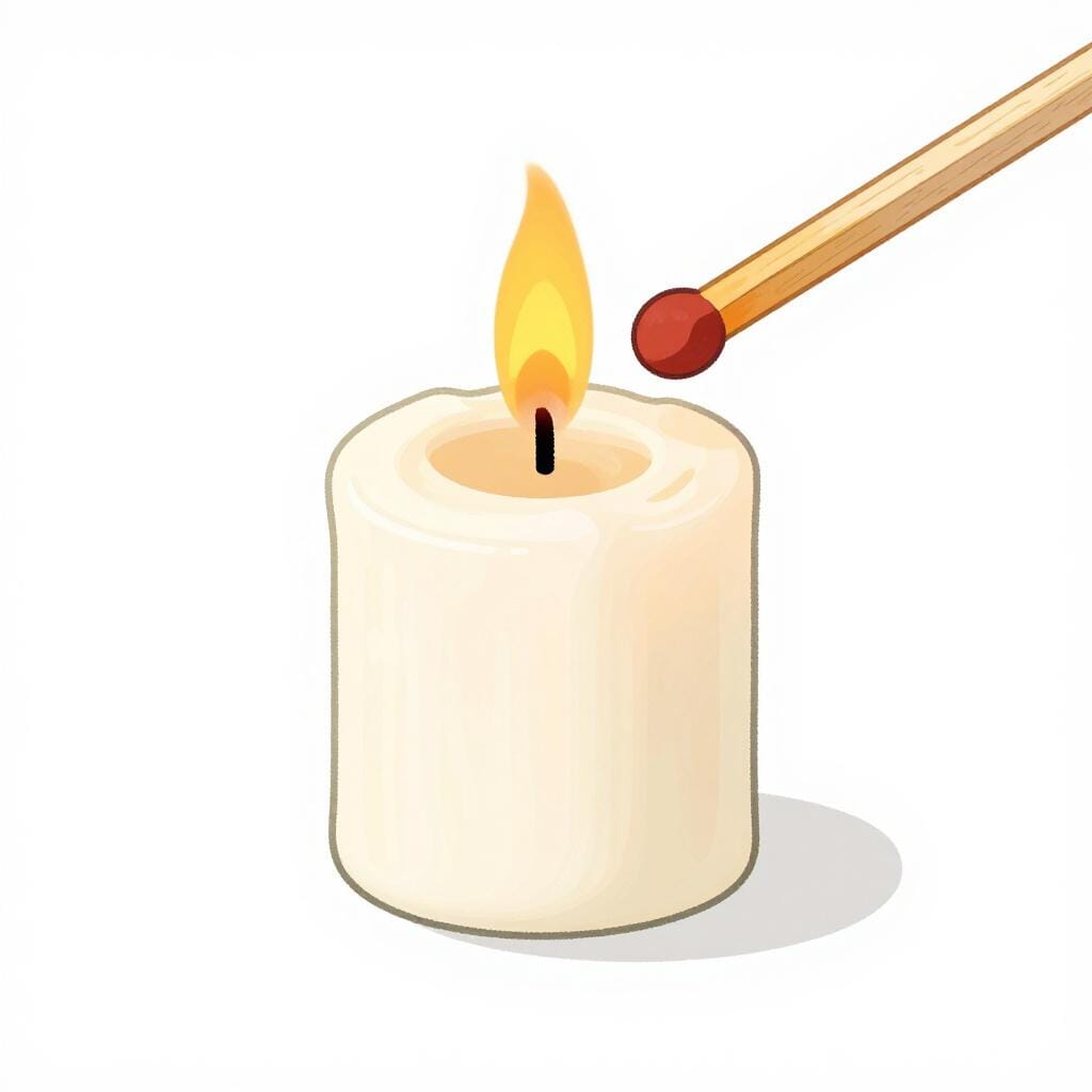 A lit match touching the wick of a white candle, creating a small orange flame.