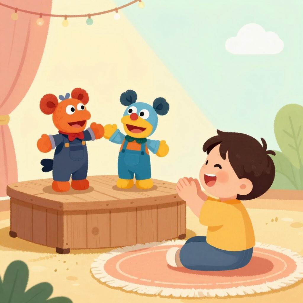 Uma criança rindo enquanto assiste a um show de fantoches colorido.