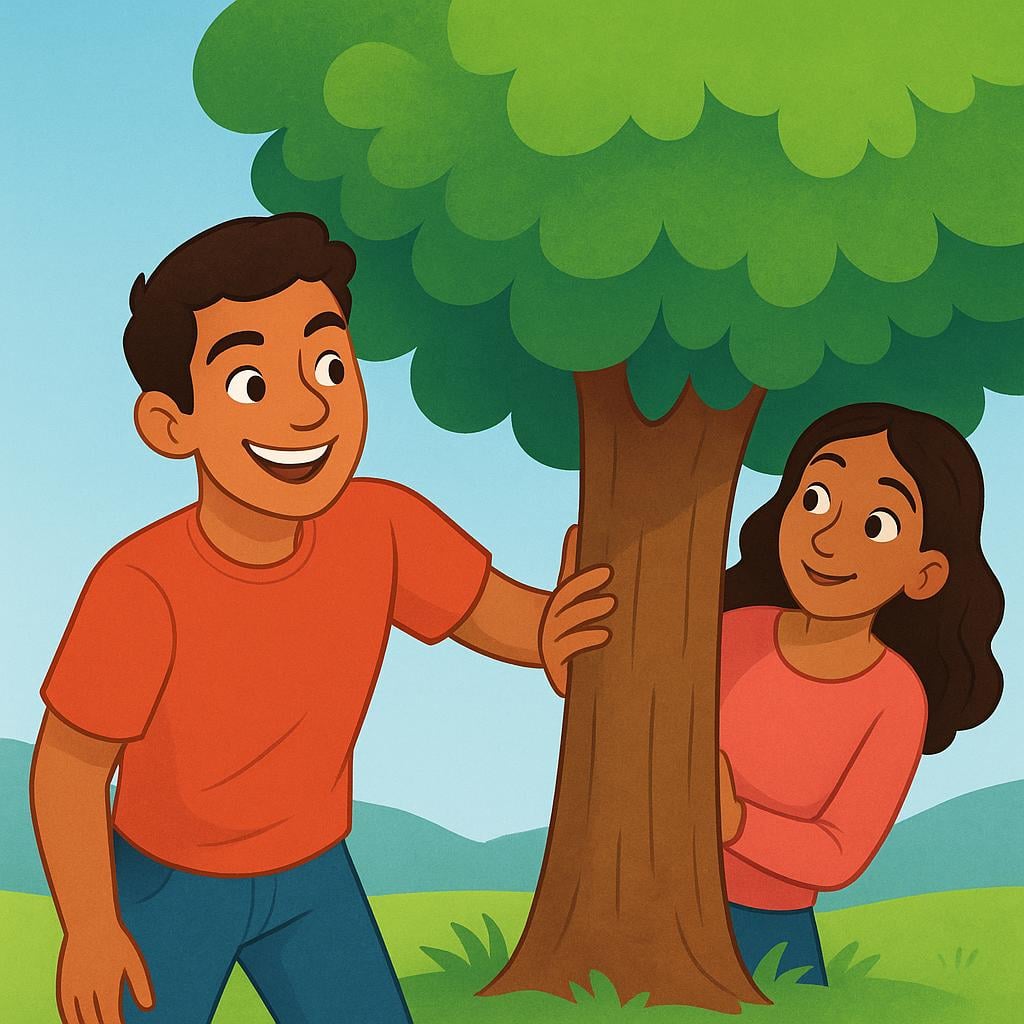 A young man looks delighted as he successfully finds a woman hiding playfully behind a tree in a sunny park.