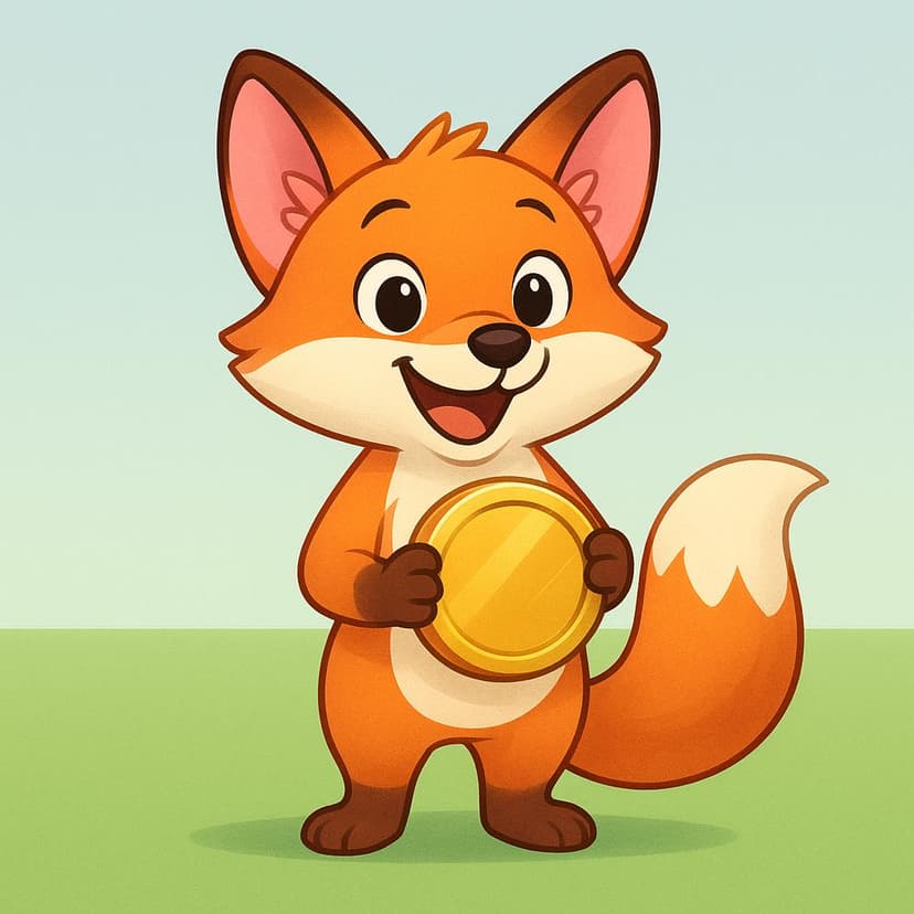 A happy cartoon fox standing on a hill, proudly holding a single, large, shiny gold coin in its paws, illustrating the successful acquisition of an item.