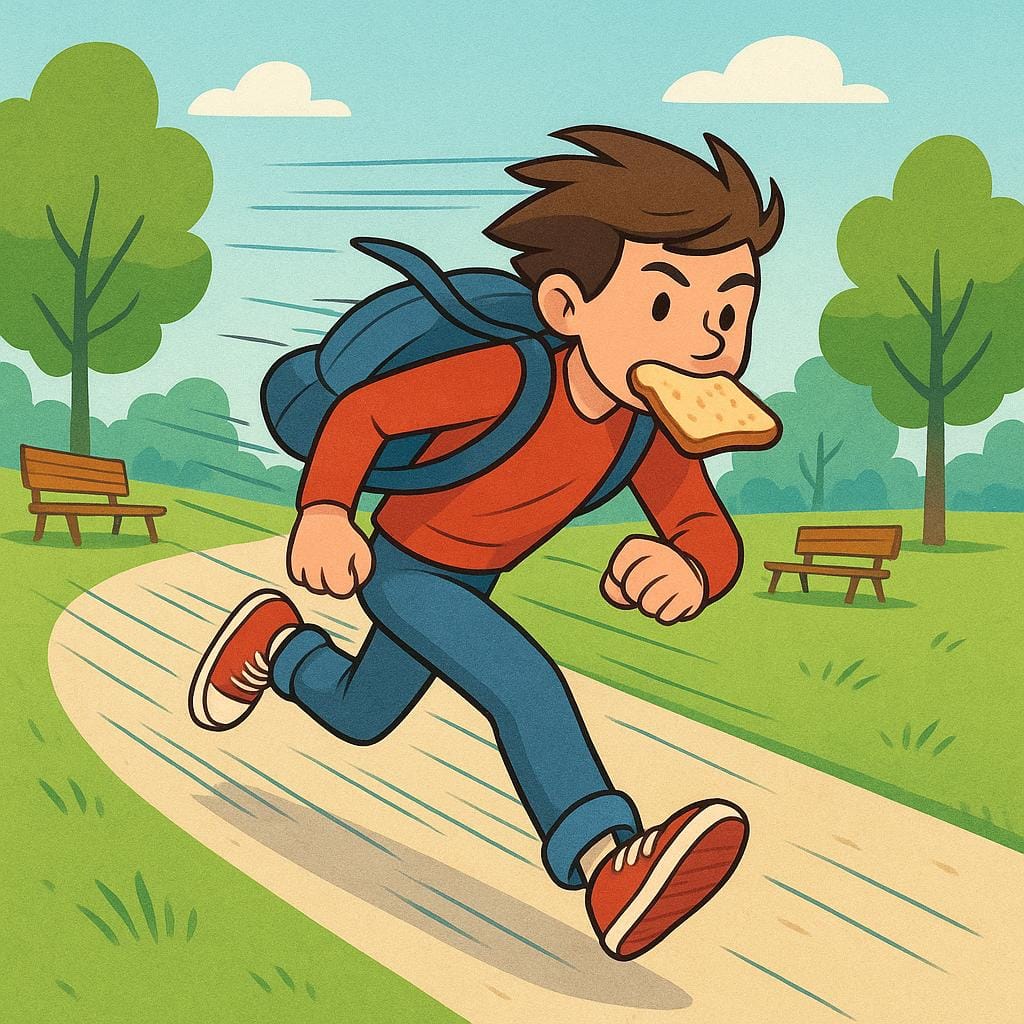 A person with a backpack running quickly down a path with toast in their mouth.