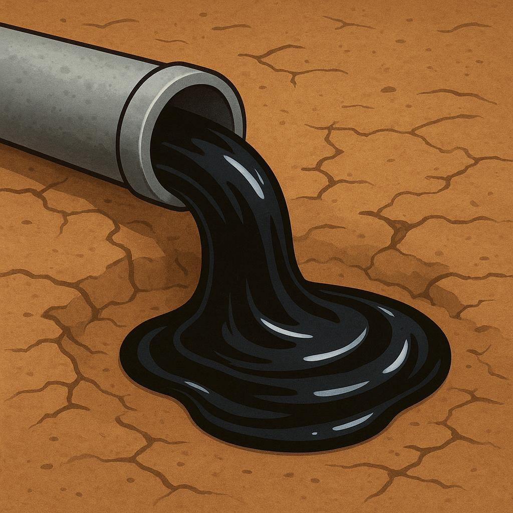 A simple illustration showing thick, black crude oil flowing out of a metal pipe and pooling slightly on dry brown earth, representing fossil fuel.