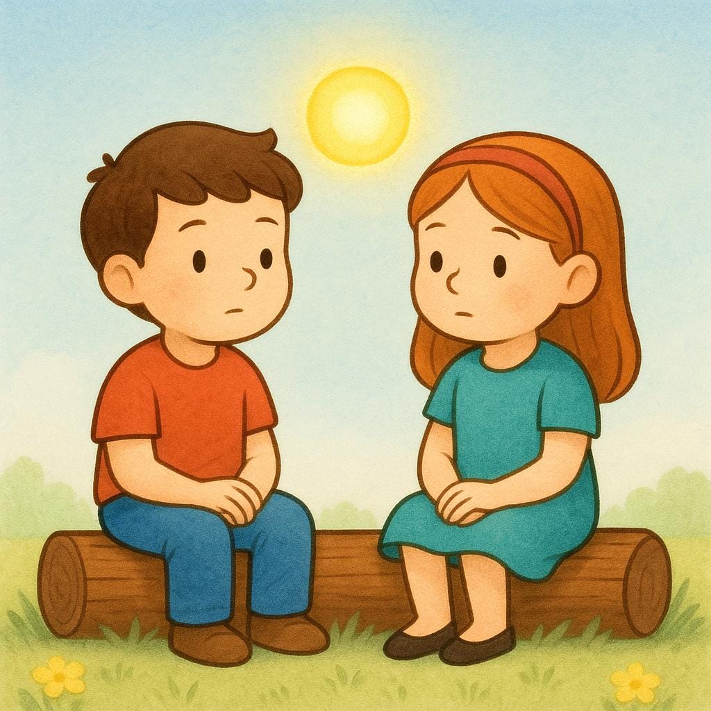 A simple storybook illustration showing a boy and a girl sitting side-by-side on a wooden log, both looking contemplative and focused. A stylized glowing yellow orb, representing an idea, hovers above the space between their heads.