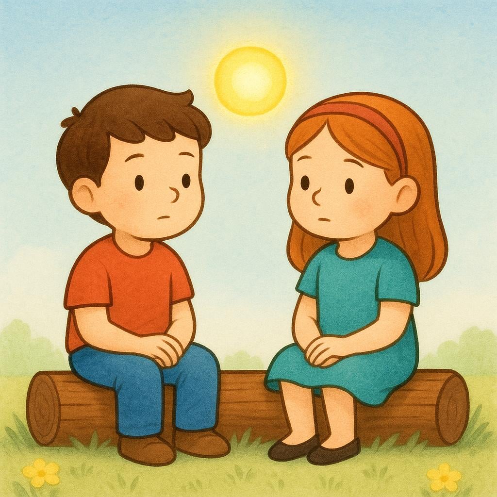 A simple storybook illustration showing a boy and a girl sitting side-by-side on a wooden log, both looking contemplative and focused. A stylized glowing yellow orb, representing an idea, hovers above the space between their heads.