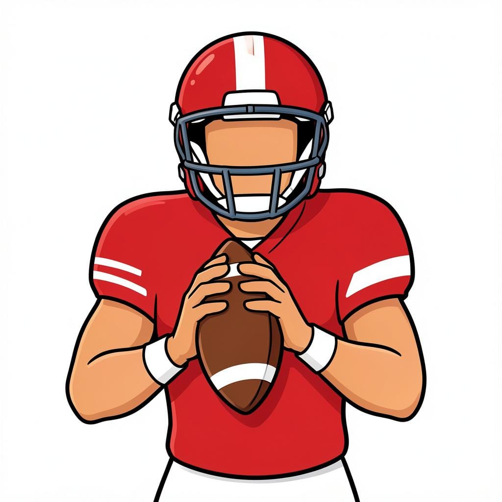 An American football player in a jersey and helmet holding a football in a throwing stance.