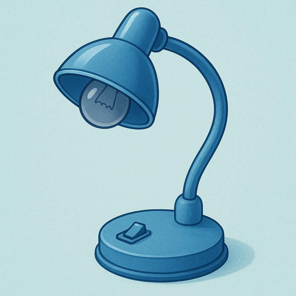 A simple bedside desk lamp is shown. The light bulb is completely dark, and the power cord is visible, indicating the device is turned off.