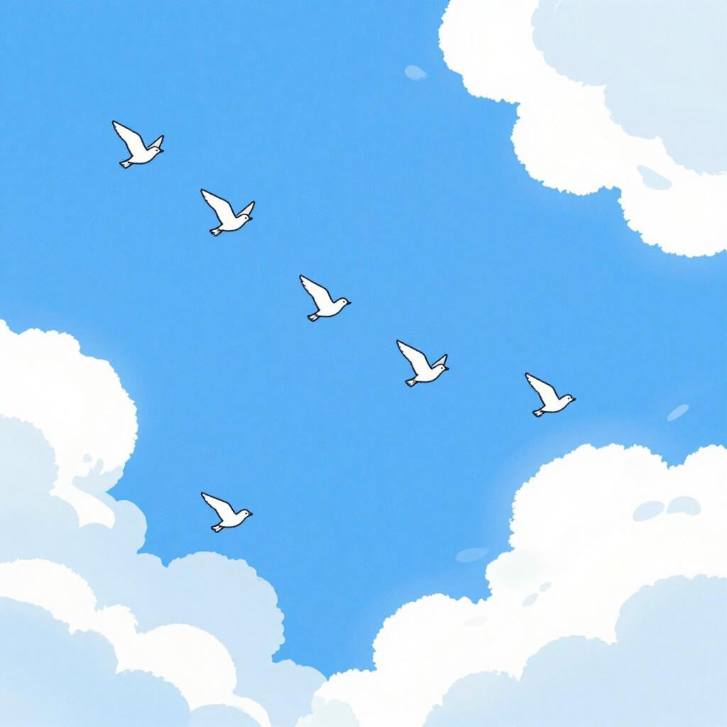 A flock of colorful birds soaring through a clear blue sky.